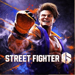 Może przedstawiać: Cyfrowa grafika przedstawiająca umięśnioną postać w niebieskim i pomarańczowym stroju, z zdecydowanym wyrazem twarzy. Napis "STREET FIGHTER" jest biały. Tło ma niebieskie i pomarańczowe plamy farby.