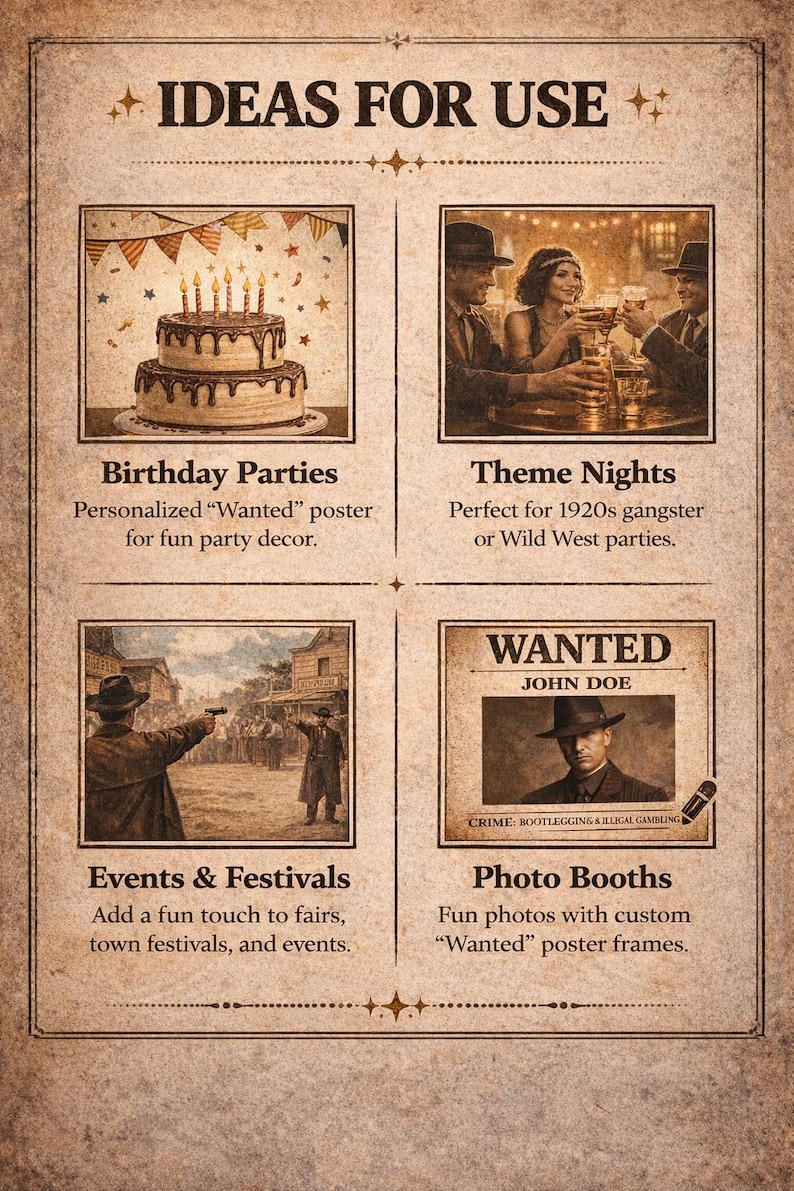 May include: A vintage-style poster with the text "IDEAS FOR USE" at the top. It features four panels with images and text: birthday cake, people toasting, a Wild West scene, and a "WANTED" poster. The poster suggests ideas for parties and events.