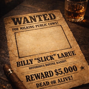 May include: A vintage-style "Wanted" poster with the text "WANTED" and "BILLY 'SLICK' LARUE". The poster is aged with a brown hue, and includes a reward of $5,000. A cigar and a glass of amber liquid are also visible.