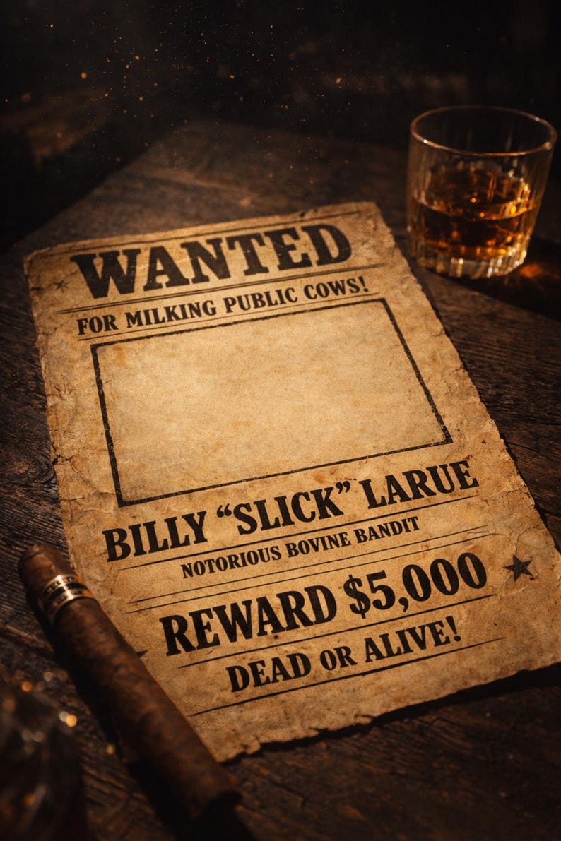 May include: A vintage-style "Wanted" poster with the text "WANTED" and "BILLY 'SLICK' LARUE". The poster is aged with a brown hue, and includes a reward of $5,000. A cigar and a glass of amber liquid are also visible.