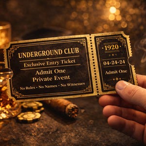 May include: A vintage-style ticket for the Underground Club, held by a hand. The ticket is black and gold with the text "Exclusive Entry Ticket" and "Admit One". The date "04-24-24" is printed on the ticket. A glass of amber liquid and a cigar are in the background.