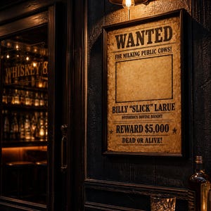 May include: A vintage-style "Wanted" poster with the text "For Milking Public Cows!" and the name "Billy 'Slick' Larue." The poster is framed and hangs on a dark wooden wall, lit by a warm light. A whiskey glass and a lit candle sit on a barrel.