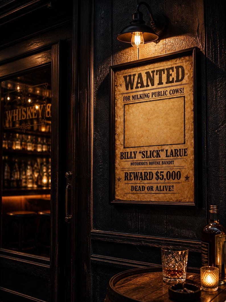 May include: A vintage-style "Wanted" poster with the text "For Milking Public Cows!" and the name "Billy 'Slick' Larue." The poster is framed and hangs on a dark wooden wall, lit by a warm light. A whiskey glass and a lit candle sit on a barrel.