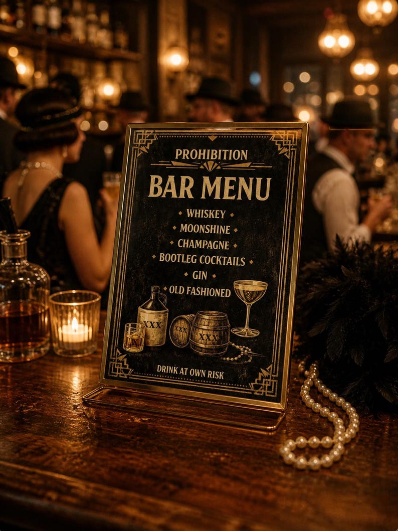 1920s Prohibition Bar Menu Printable, Speakeasy Cocktail Sign, Gatsby ...