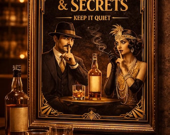 Whiskey & Secrets Poster, 1920s Gatsby Decor, Speakeasy Wall Art, Vintage Bar Print