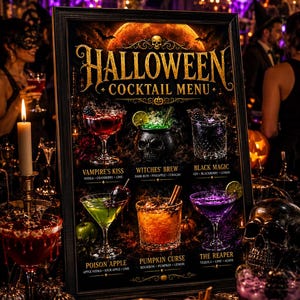 May include: A framed Halloween cocktail menu sign featuring gold text and illustrations of six drinks: Vampire's Kiss, Witches' Brew, Black Magic, Poison Apple, Pumpkin Curse, and The Reaper, each listed with its primary ingredients on a dark background.
