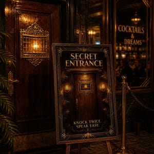 Peut inclure: Un panneau en bois avec l'inscription "SECRET ENTRANCE" en lettres dorées. Le panneau est placé devant une porte en bois sombre avec une fenêtre décorative. Le texte "KNOCK TWICE. SPEAK EASY." est au bas du panneau. L'arrière-plan comprend un bar avec l'inscription "COCKTAILS & DREAMS".