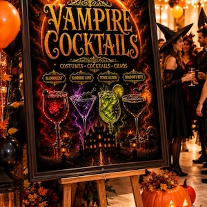 May include: A framed rectangular sign on a wooden easel featuring the text VAMPIRE COCKTAILS, COSTUMES, COCKTAILS, CHAOS, and four drink names: BLOODLUST, VAMPIRIC KISS, TOXIC ELIXIR, and SHADOW'S BITE, illustrated with four colorful cocktails.