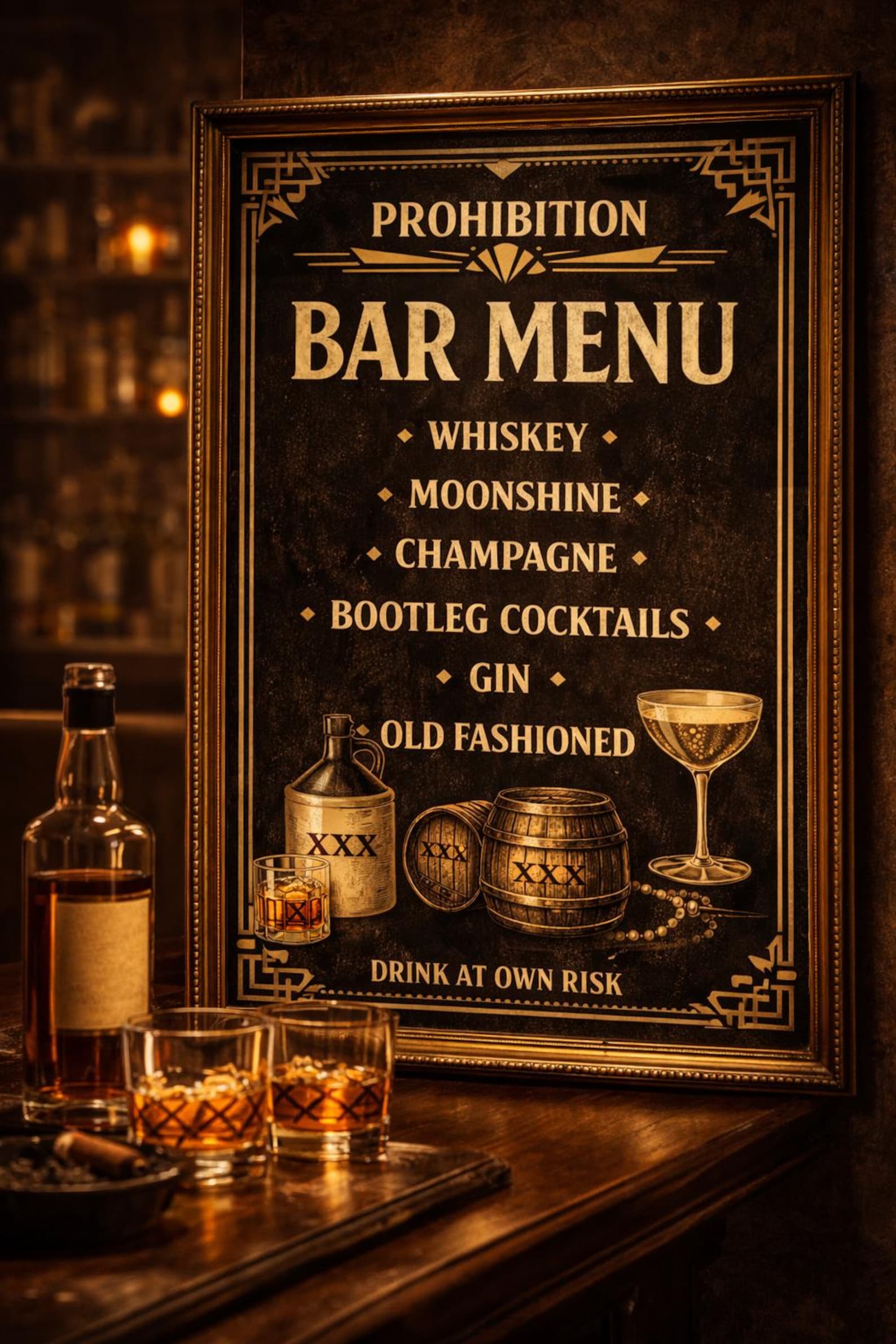 Prohibition Bar Menu Poster, 1920s Gatsby Decor, Speakeasy Bar Sign ...