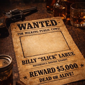May include: A vintage-style wanted poster with the text "WANTED" and "BILLY 'SLICK' LARUE". A revolver, bottles of liquor, a glass of whiskey, a cigar, and a jar are on a wooden surface. The poster offers a reward.