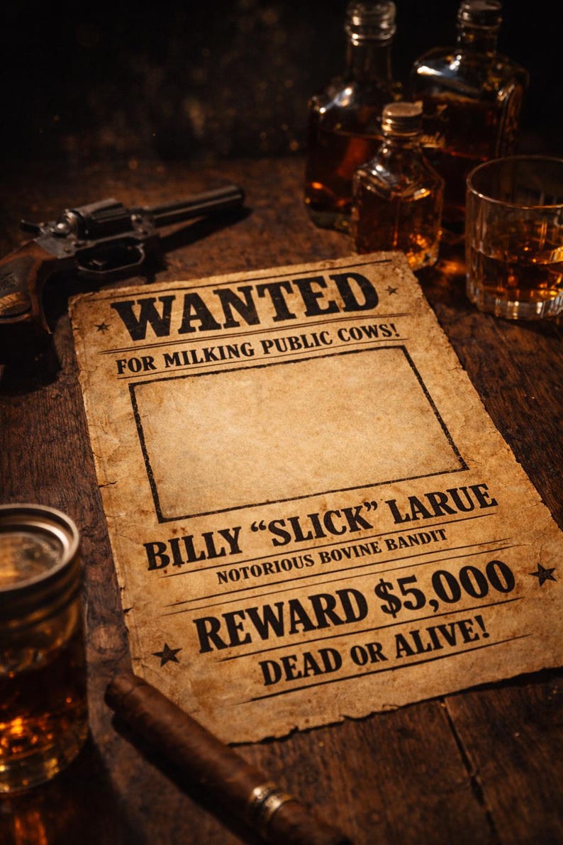 May include: A vintage-style wanted poster with the text "WANTED" and "BILLY 'SLICK' LARUE". A revolver, bottles of liquor, a glass of whiskey, a cigar, and a jar are on a wooden surface. The poster offers a reward.