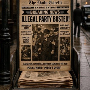 May include: A newspaper stand with a vintage newspaper titled "The Daily Gazette" announces "ILLEGAL PARTY BUSTED!" The newspaper details a Prohibition raid, bootleg liquor seizures, and a night of scandal. The stand is outdoors, with a person in the background.