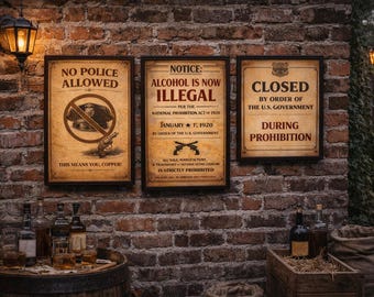 1920s Prohibition Poster Set – Speakeasy Wall Art Bundle – Gatsby Party Decor – Vintage Illegal Alcohol Signs – Roaring 20s Printable Pack
