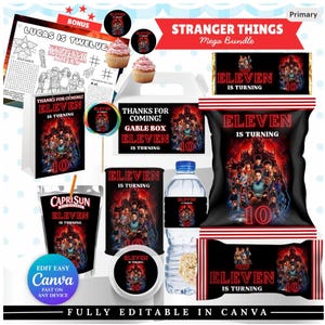 Puede incluir: Un conjunto de suministros para fiestas temáticas de Stranger Things, que incluyen una caja gable, un envoltorio de barra de chocolate, una bolsa de patatas fritas, una etiqueta de botella de agua y una etiqueta Capri Sun. Con el texto "Eleven is Turning 10."