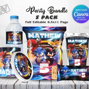 Könnte beinhalten: Ein Party-Bundle mit Sonic the Hedgehog-Motiv, einschließlich einer Wasserflasche, einer Pringles-Dose, einer Chipstüte, einer Saftbox und einem Schokoriegel. Jeder Artikel ist mit dem Namen "Mathew" und der Zahl "5" personalisiert.