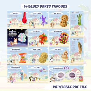 Könnte beinhalten: Eine druckbare PDF-Datei mit 14 Bluey-Party-Gefälligkeiten. Die Gefälligkeiten umfassen Keepy Uppy, Sticky Gecko, Oh! Biscuit, Magic Asparagus, Sleepy Time Sterne, Bum Worms, Rita's Beans, Burger Shop, Claw Coins, Take Away, Unicorn Hair, Tea Time, Granny Glasses und Flather Wand.