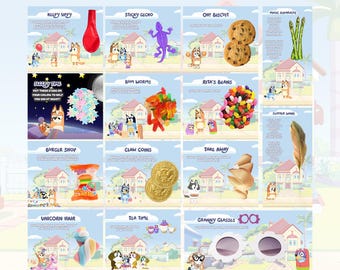 Paquete de 14 recuerdos imprimibles para fiesta de cumpleaños de niña con temática de perro azul para fiesta infantil, etiqueta para recuerdo de fiesta de niña, decoración para fiesta PF1