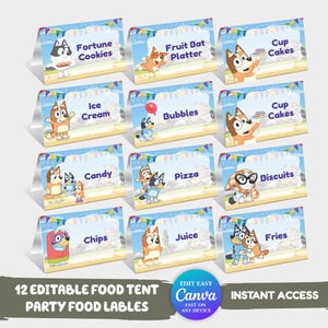 May include: Twelve editable food tent party food labels with various food names and cartoon characters. The labels include "Fortune Cookies", "Fruit Bat Platter", "Cup Cakes", "Ice Cream", "Bubbles", "Candy", "Pizza", "Biscuits", "Chips", "Juice", and "Fries".