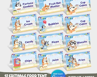 12 Segnaposto per feste a tema cane blu per tenda da cibo, decorazione per tavolo da compleanno a tema, etichetta per cibo per cani blu