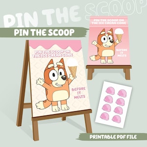 以下が含まれることがあります： 「Pin the Scoop on the Ice Cream Cone」の印刷可能なパーティーゲーム。アイスクリームコーンを持った漫画のキャラクターが登場します。ゲームボード、小さな看板、ピンクのアイスクリームスクープステッカーが含まれています。「Pin the Scoop」と「Before it Melts」の文字が見えます。