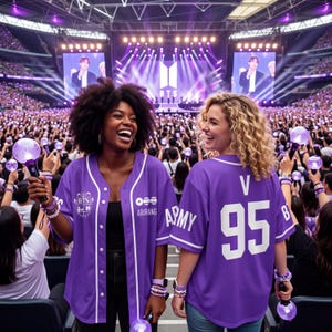 Peut inclure: Deux personnes portant des maillots de baseball violets avec des bordures blanches, le texte "BTS" et "ARMY" est visible. Elles tiennent des baguettes lumineuses et sourient dans un stade rempli de fans. La scène de fond présente le logo BTS.