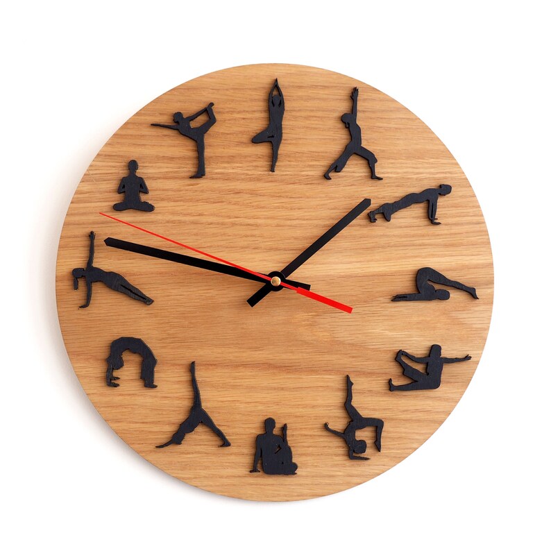 Yoga Wood Wall Clock Wooden Clocks For Oak Poses Middle Size Sustainable