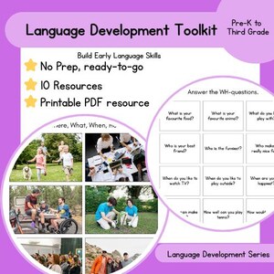 Könnte beinhalten: Ein lila-weißes Grafikdesign für ein Sprachlern-Toolkit für die Vorschule bis zur dritten Klasse. Es enthält die Texte "Frühsprachliche Fähigkeiten aufbauen", "Ohne Vorbereitung, sofort einsatzbereit" und "10 Ressourcen".