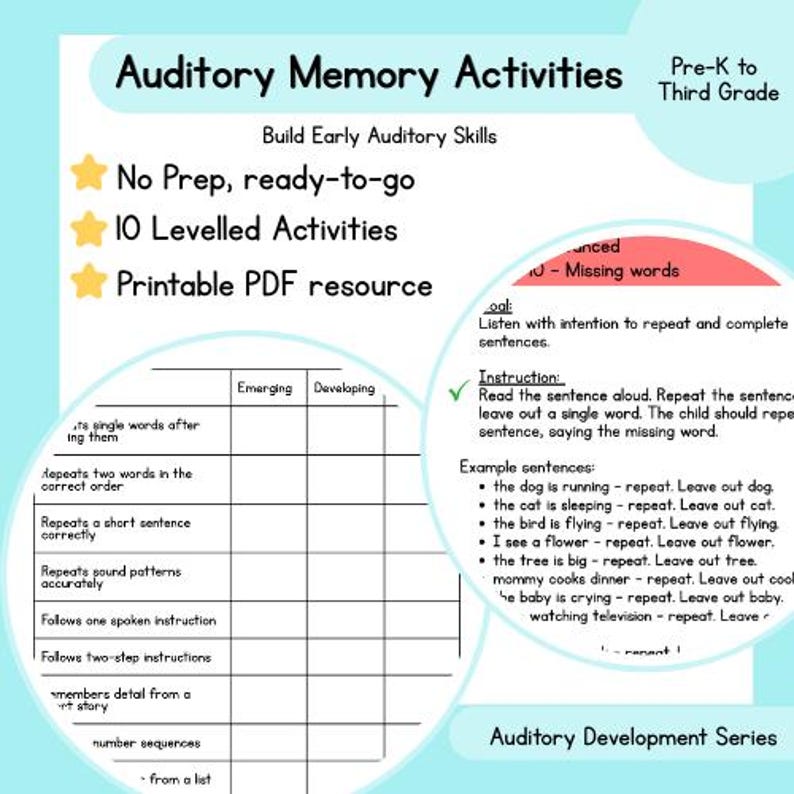 Auditory Perception Grade R Auditory Memory Activities Workbook | Preschool Speech Therapy (PDF ...