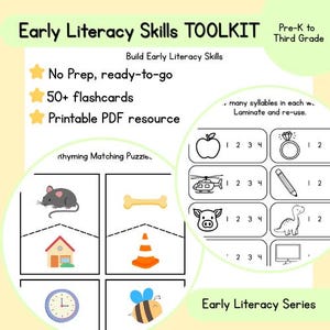 May include: Early Literacy Skills Toolkit with the text "Early Literacy Skills TOOLKIT" and "Pre-K to Third Grade". The toolkit includes flashcards and printable PDF resources. The image shows rhyming matching puzzles and syllable counting exercises.