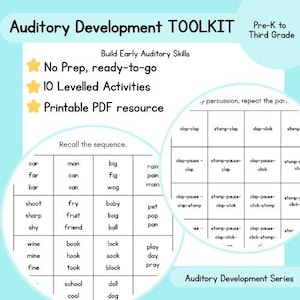 May include: A white and light blue educational toolkit for auditory development. The text reads "Auditory Development TOOLKIT" and "Pre-K to Third Grade." Includes "No Prep, ready-to-go," "10 Levelled Activities," and "Printable PDF resource."