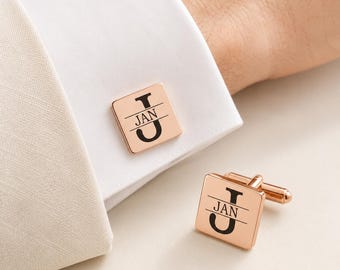 Personalized Square Cufflinks for Men, Custom Initial Monogram Cuff Links, Engraved Wedding Groom Gift, Gift Box Included