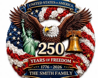 Personalized USA 250th Anniversary Wooden Door Sign, Custom Family Name Patriotic Eagle Wreath, Independence Day Front Door Decor