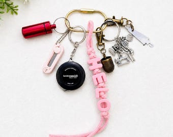 Needlepoint Bag Charm Tool Kit | Scissors, Needle Threader, Keychain | Embroidery Project Accessory, Personalized Letter Charm, Sewing Gift