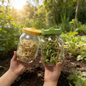 May include: Two glass jars with yellow and green lids, filled with sprouts, are held in front of a garden background. One jar contains bean sprouts, the other has green sprouts. The jars are clear, allowing the contents to be visible.