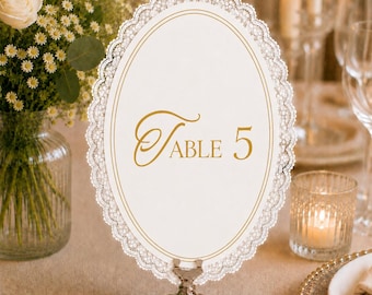 Handmade Double-Sided Lace Wedding Table Numbers, Oval Table Number Cards, Ivory Cardstock Reception Table Decor, Elegant Wedding Decor