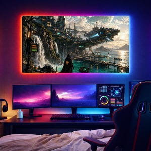 Può includere: Un'impostazione di gioco con un grande monitor che mostra una città futuristica, affiancato da due luci a LED verticali. La scrivania include più monitor, una tastiera e una sedia da gioco. Le cuffie sono su un supporto. La stanza è illuminata da luci al neon.