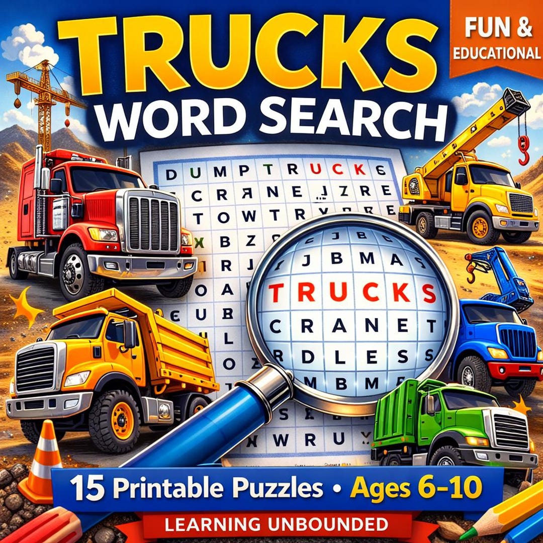 Trucks Word Search Puzzle Pack – Kids Vehicle Activity (digital ...