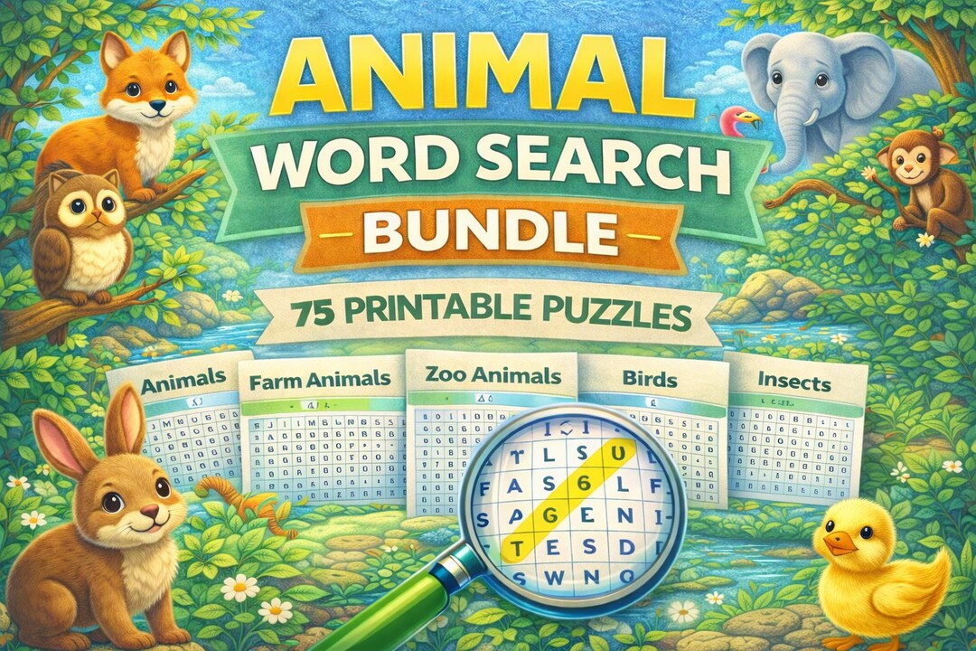 Animal Word Search Bundle Printable for Kids Ages 6-10 75 Puzzle ...