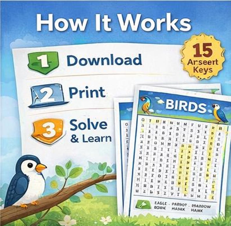 Birds Word Search Printable for Kids Ages 6–10 | Birds Puzzle Pack ...