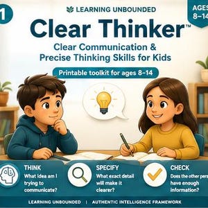May include: A printable toolkit titled Clear Thinker for ages 8-14, featuring illustrations of two children studying. The text includes Clear Communication & Precise Thinking Skills for Kids, and steps labeled Think, Specify, and Check with icons.