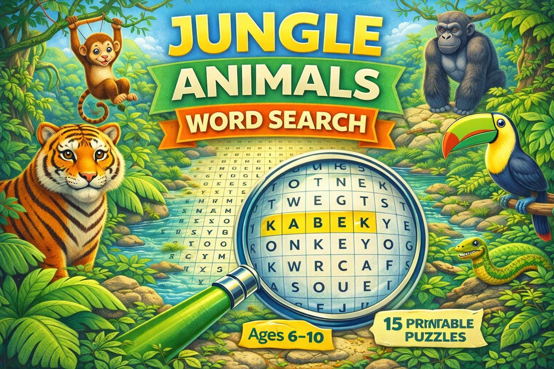 Jungle Animals Word Search Printable for Kids Ages 6-10 Rainforest ...
