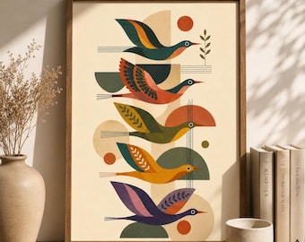 Mid Century Modern Bird Poster, Scandinavian Bird Wall Art, Geometric Nature Print, Abstract Boho Decor
