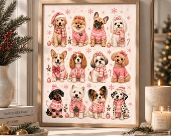 Pink Christmas Dog Wall Art, Cute Holiday Puppy Poster, Festive Winter Pet Print, Whimsical Dog Lover Decor, Christmas Nursery Art