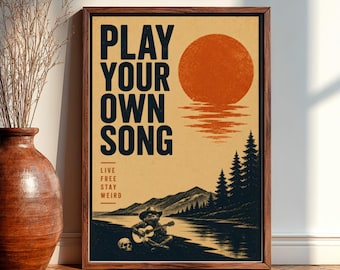 Play Your Own Song Cowboy Frog Guitar Retro Wall Art, Funny Frog Music Poster, Western Desert Sunset Print, Whimsical Musician Decor