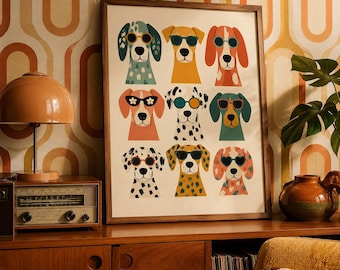 Colorful Cool Dogs Wall Art, Sunglasses Dog Poster Print, Whimsical Pet Lover Decor