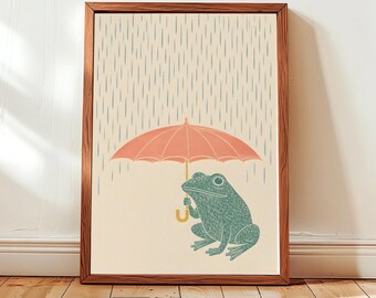 Frog With Umbrella Rainy Day Wall Art Print, Cute Frog Nursery Decor, Whimsical Woodland Animal Poster