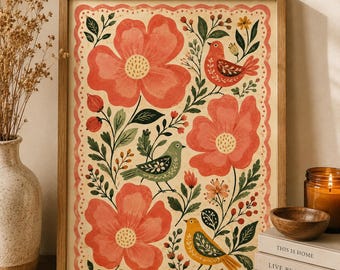 Vintage Botanical Bird Wall Art, Folk Art Floral Poster, Orange Flower Print, Rustic Nature Decor, Whimsical Garden Artwork