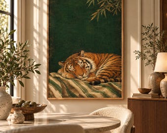 Sleeping Tiger Japanese Style Poster, Zen Wildlife Wall Art, Minimal Jungle Animal Decor Print