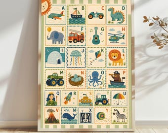 Alphabet Learning ABC Animal Chart Educational Nursery Wall Art, Preschool Classroom Poster, Kids Learning Print, Homeschool Decor