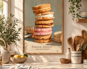 English Biscuits Oil Painting Poster, Vintage Dessert Kitchen Wall Art, Cottagecore Bakery Decor, Tea Time Food Artwork